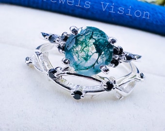 Round Cut Natural Moss Agate Engagement Ring White Gold Twig Branch Promise Ring Witchy Gothic Anniversary Wedding Ring