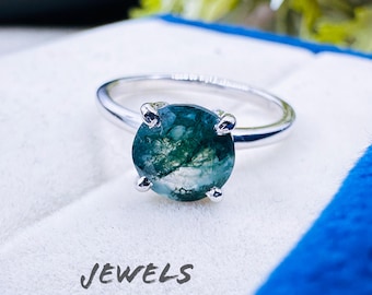 Moosachat Solitär Ring: Sterling Silber Hochzeitsschmuck