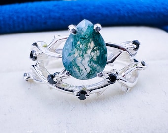 Moss Agate Engagement Ring Set Pear Cut Moss Agate Aquatic Agate Bridal Set Twig Twist Branch Nature Inspired Onyx 1.25ct Ring