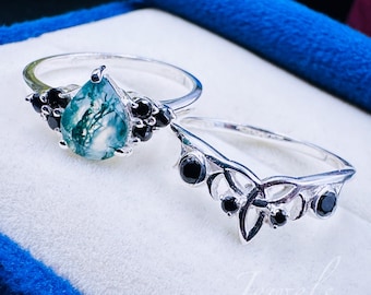 Vintage Moss Agate Engagement Ring Set White Gold Pear Cut Green Gemstone Cluster Bridal Wedding Ring for Women Unique Anniversary Gift