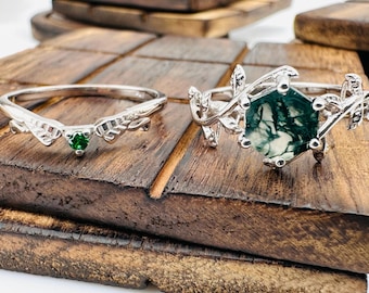 Vintage Hexagon Moss Agate Ring Set: 925 Sterling Silver Wedding Rings