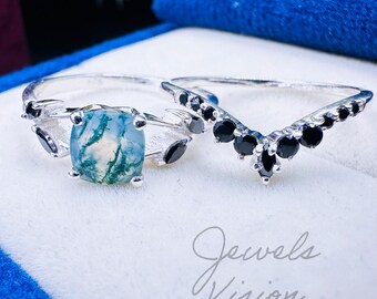 Moss Agate Cushion Cut Engagement Ring Set with Black Onyx Leaf Design in Silver Twig Style Nature Inspired Promise Ring Bridal Jewelry