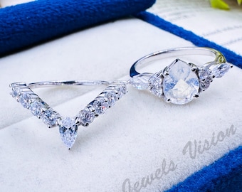4 Prong Pear Moonstone Engagement Ring Set: Moissanite Chevron Sterling Silver Wedding Band
