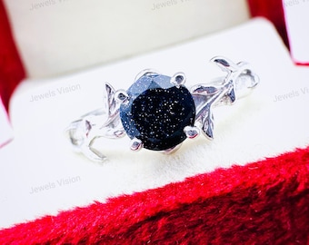 Blue Sandstone Leaf Ring: Vintage Sterling Silver Solitaire