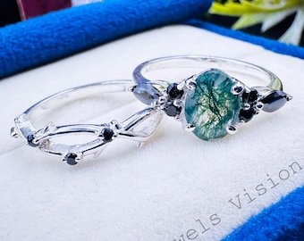 Oval Moss Agate Engagement Ring Set Vintage Silver Marquise Black Onyx Bridal Ring Set Nature Inspired Wedding Ring Promise Gift