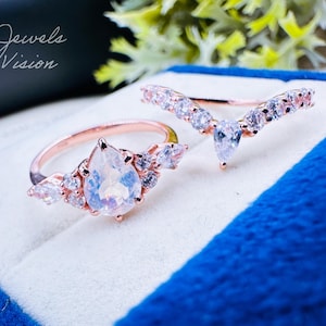 Mondstein Verlobungsring Set: Pear Cut Rosegold Art Deco Brautring