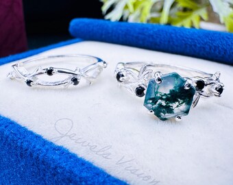 Hexagon Moss Agate Engagement Ring Set White Gold Twig Ring Black Onyx Leaf Nature Inspired Promise Wedding Ring Set