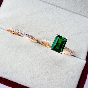 Emerald Cut Emerald Engagement Ring Set Woman Hidden Halo Rose Gold Bridal Set Classic Marquise Diamond Stacking Ring Anniversary