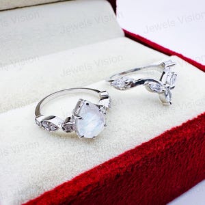 Unique Pear Moonstone Engagement Ring Set, Vintage 14K Rose Gold Moonstone Wedding Promise Ring, Blue Moonstone Bridal Set Anniversary Gift