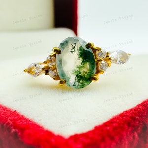 Oval Moss Agate Engagement Ring: Marquise Seven Stone 14k Gold Ring
