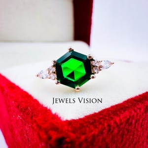 Emerald Engagement Ring: Vintage Art Deco Hexagon Cut, Gold Band