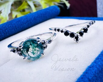 White Gold Round Moss Agate Engagement Ring Set Gothic Promise Ring 14K White Gold Bridal Set Unique Nature Inspired Wedding Ring