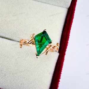 Anel de noivado exclusivo em formato de pipa esmeralda, anel de casamento em ouro rosa esmeralda, anel de casamento estilo folha de esmeralda com corte de pipa, anel de aniversário art déco