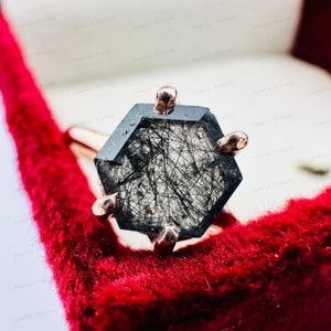 Hexagon Black Rutile Quartz Ring: Minimalist Sterling Silver Engagement Ring