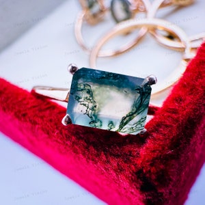Baguette Moosachat Solitär Ring: 14K Gold Ehering