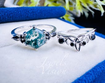 Moss Agate White Gold Bridal Ring Set Hexagon Cut Engagement Ring with Marquise Black Onyx Unique Art Deco Wedding Ring Set