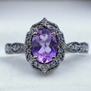 Vintage Oval Amethyst Ring With Moissanite Accents In Sterling Silver, Art Deco Engagement Ring, Purple Gemstone Promise Ring Gift