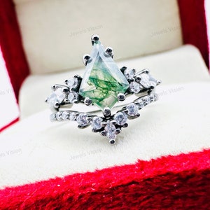 Vintage Kite Cut Moss Agate Ring Set: 14K Rose Gold Bridal Jewelry