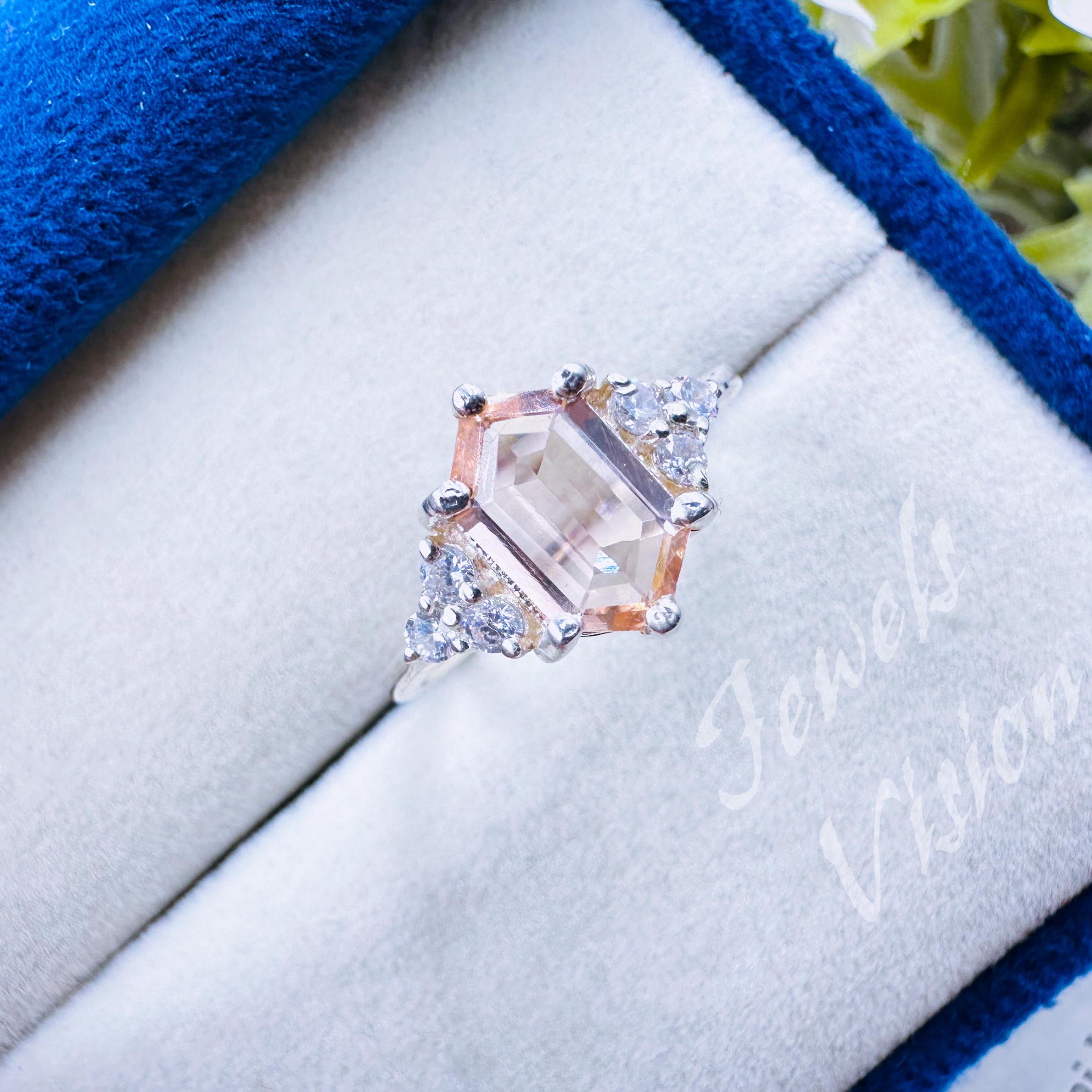 Hexagon Peach Morganite Ring: Diamond 14K Gold Art Deco Promise