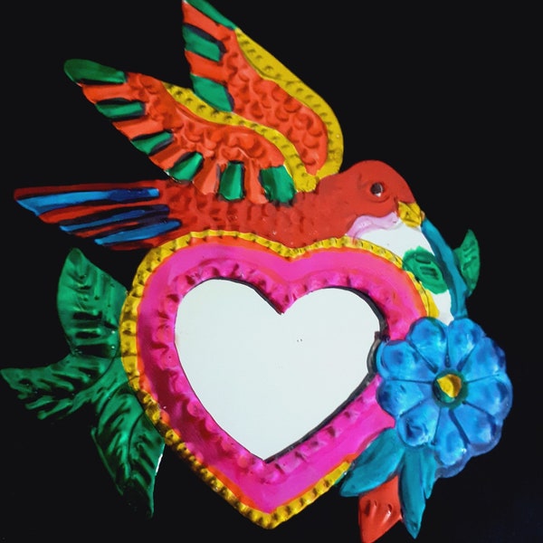 Mexican Tin Mirror w Flowers & Birds