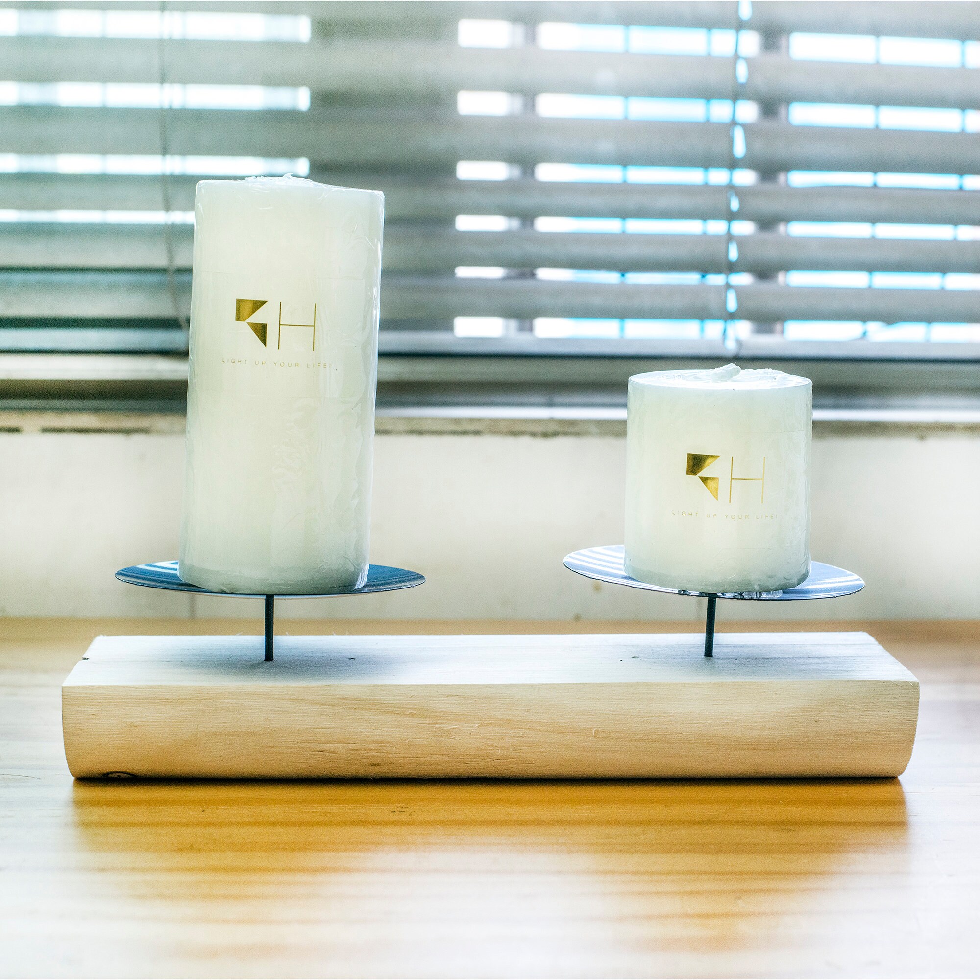 Large Pillar Candle Holder Natural Wood Base With Metal Dishes Etsy