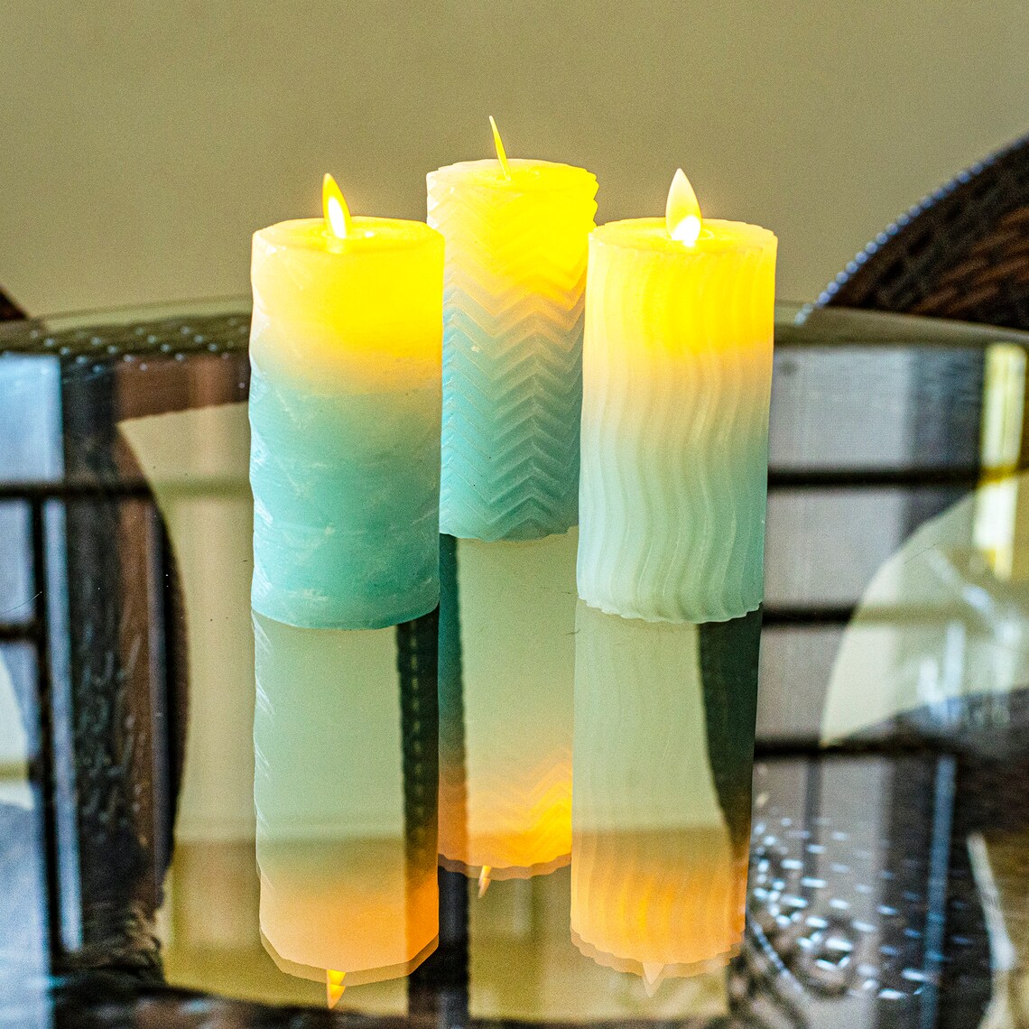 Set of 3 light blue modern handmade LED candles remote Etsy