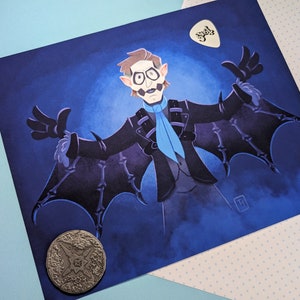 May include: A cartoon illustration of a person with a blue scarf and bat wings, against a dark blue background. The person is wearing a black suit and has a mustache and glasses. The text "Joel" is written on a white guitar pick in the upper right corner of the image.
