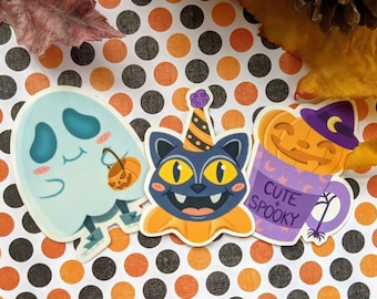 Halloween Stickers - Black Cat, Pumpkin Mug & CLEAR Ghost