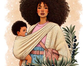 May include: Illustration of a woman with large curly hair holding a baby in a beige carrier. She wears a pink shirt, a cream-colored sweater, and blue jeans. A pink purse is slung across her body. Olive branches with black olives frame the image.