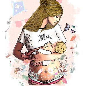 May include: Illustration of a woman holding a baby, with the word "Mom" on her shirt. The woman has long blonde hair and is surrounded by flowers, butterflies, and a kite. The artwork has a soft, pastel color palette.
