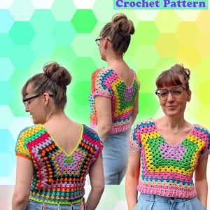 May include: The image showcases a colorful, crocheted top with a V-neck design. The top is made of various bright colors, including pink, yellow, green, and blue. The text "The Hexi Twist Tee Crochet Pattern" is displayed at the top of the image.