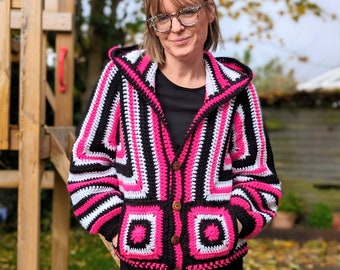 The Solid Hexi Cardi, PDF File, Crochet Pattern, Made to Measure, Hexagon Cardigan, Hood, Pockets, Buttons, Adult and Kids Sizes Included,