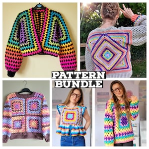 Pacchetto con 5 modelli, Modelli all'uncinetto, Pacchetto all'uncinetto, Maglione quadrato della nonna, Modello PDF, Modello quadrato della nonna, Cardigan esagonale,