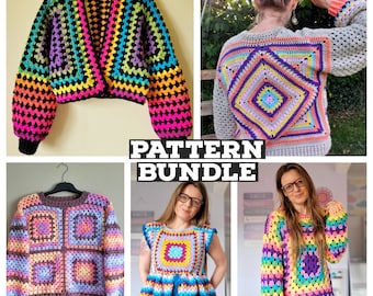 5 Pattern Bundle, Crochet Patterns, Crochet Bundle, Granny Square Sweater, Pattern PDF, Granny Square Pattern, Hexagon Cardigan,