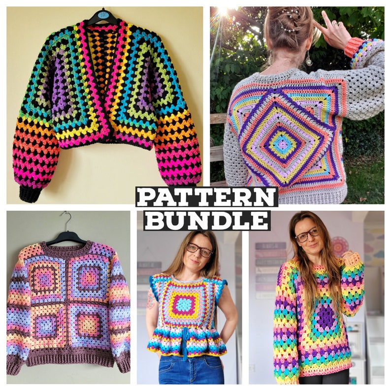 May include: A pattern bundle for crocheting four different garments: a rainbow cardigan, a rainbow sweater, a rainbow top, and a rainbow sweater with a square design on the back. The text "PATTERN BUNDLE" is displayed in the center of the image.