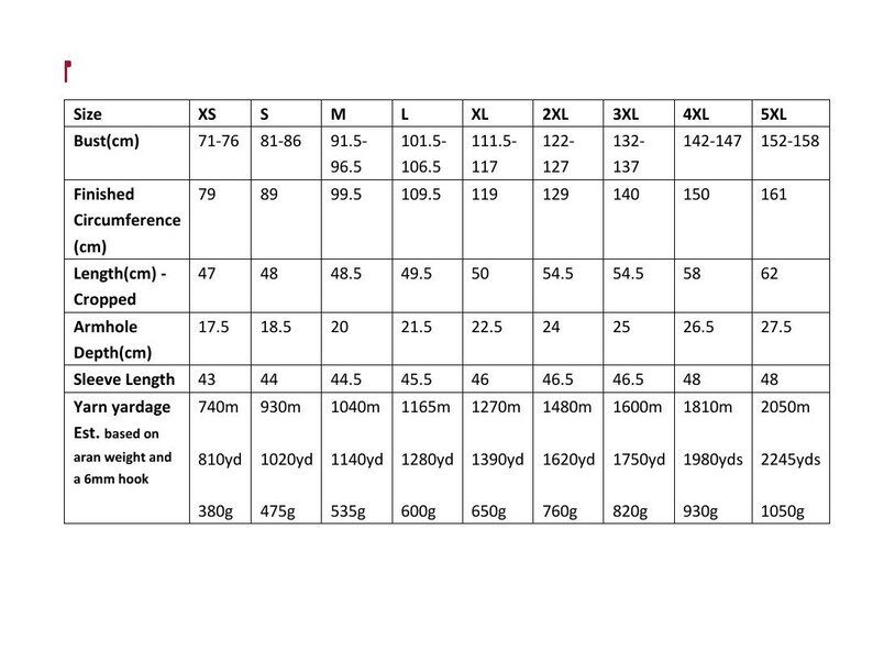 May include: A chart showing yarn yardage, sleeve length, bust, and other measurements for a crocheted sweater in sizes XS to 5XL.