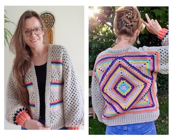 PDF File, The Diamond Granny Bomber, crochet pattern, granny square pattern, crochet clothes, granny sweater, scrap project