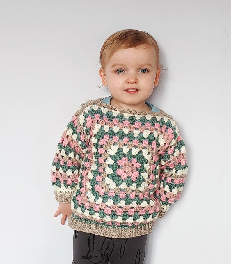 Crochet Pattern, PDF File, Kids Scrapbusting Granny Square Jumper, Granny Square Pattern, Crochet Clothing Pattern, Granny Square Sweater image 1