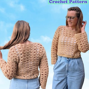May include: Two images of a tan crochet sweater with a holey design. The sweater has long sleeves and a cropped fit. The text "The Holey Moley Sweater Crochet Pattern" is at the top of the image. The model is wearing light blue jeans.