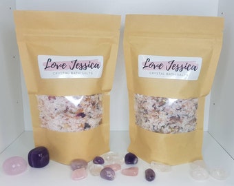 Crystal Infused Healing Bath Salt - Crystal Bath Salts - Amethyst Rose Quartz Clear Quartz - Relaxing Bath Soak - 250g Pouch