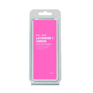 May include: A pink wax melt in a clear plastic container. The wax melt is labeled "WAX + ROSE LAVENDER + LEMON LUXURY SOY WAXMELTS" and "NET 50G".