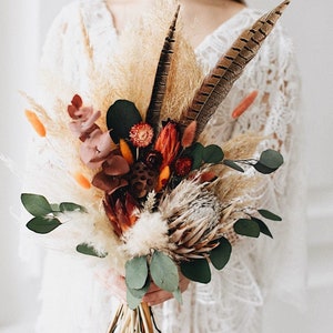 Dried Boho Bridal Bouquet – Rustic Terracotta and Burgundy Wedding Flowers, Fall Bouquet for Bride
