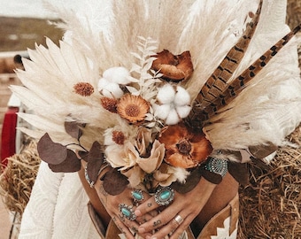 Western Wedding Bouquet with Cotton, Dried Flower Bouquet with Eucalyptus and Feathers for Farmhouse Ceremony