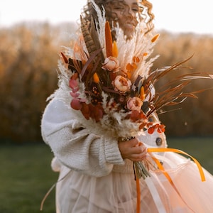 Autumn Wedding Bouquet, Boho Dried Bridal Bouquet in Terracotta with Feathers