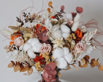 Blush Rose & Cotton Flower Bridal Bouquet: Fall Wedding Flowers