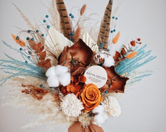Turquoise & Orange Boho Rustic Dried Bridal Bouquet with Cotton,
