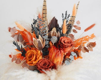 Bridal bouquet with roses Orange terracotta wedding bouquet of roses fall Autumnal wedding flowers bouquet Dried flower bouquet