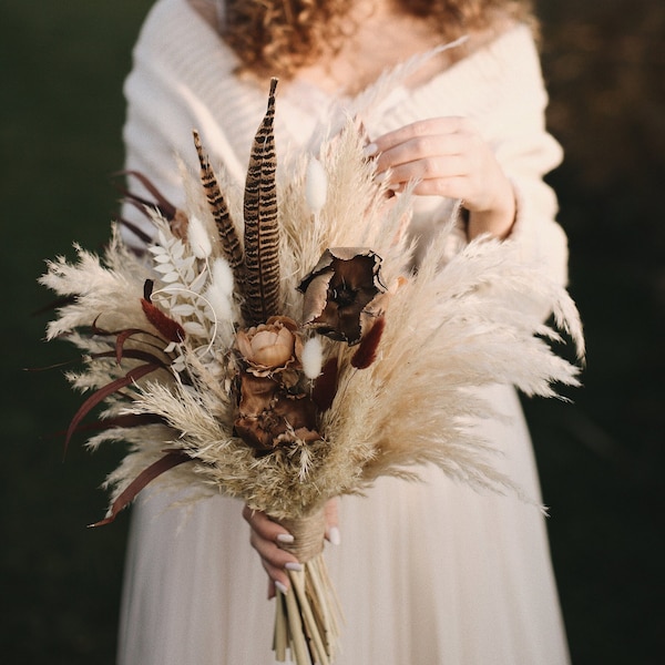 Boho bridal bouquet Natural dried flower wedding bouquet with feathers  Fall autumn bouquet for brides Orange peonies bouquet for wedding