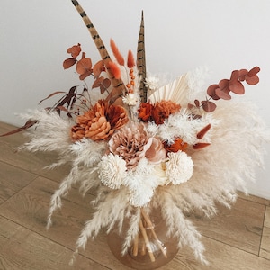 Burnt Orange Bridal Bouquet – Terracotta Boho Wedding Flowers with Eucalyptus and Feathers – Artificial Peony Fall Bouquet