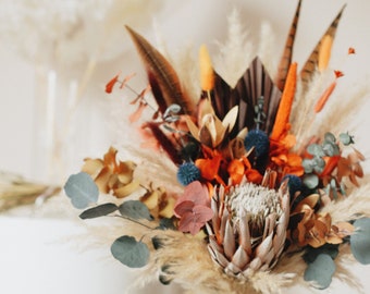 Boho Dried Flower Bridal Bouquet – Navy Orange and Terracotta Bridesmaid Flowers – Rustic Wedding Bouquet with Feathers